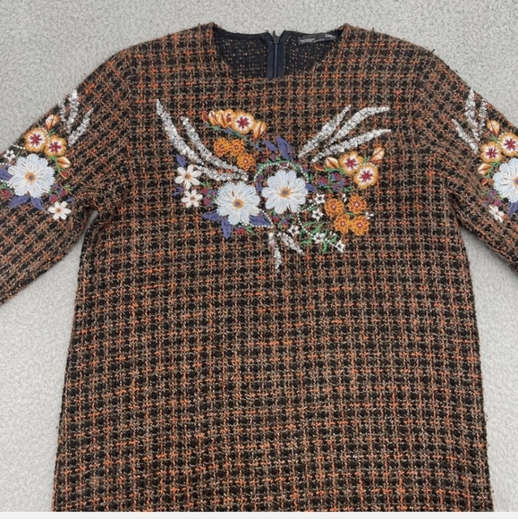 Zara Tweed Brown Orange Floral Embroidered/Sequin Sweater Dress - Picture 2 of 4